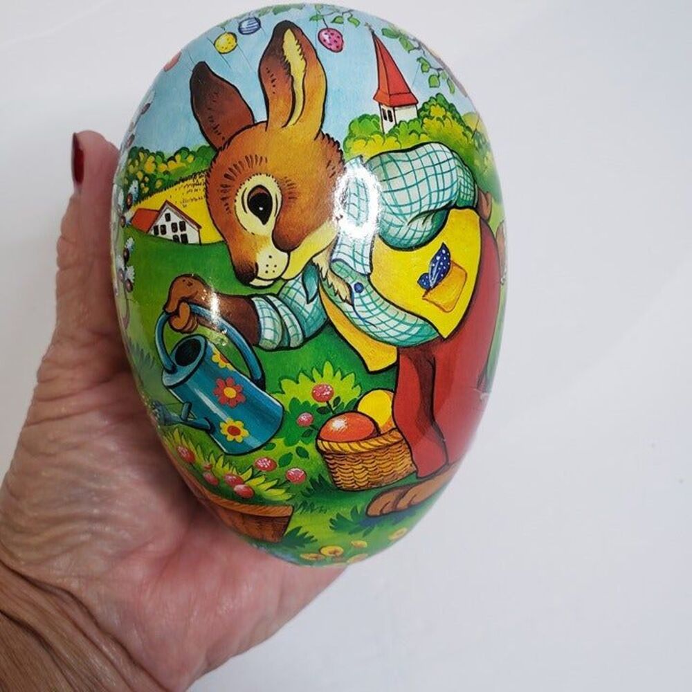 Adorable Vintage Paper Mache Easter Egg Container Box 4" Made in Germany - Picture 4 of 9